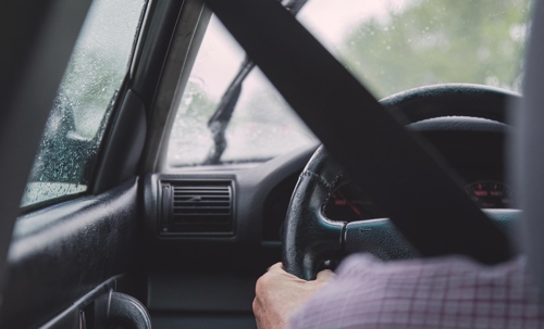 Driver with hands on the steering wheel